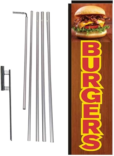 Bandera rectangular de plumas de hamburguesas con kit de poste de 15 pies y punta de tierra, letrero perfecto para restaurantes, camiones de comida