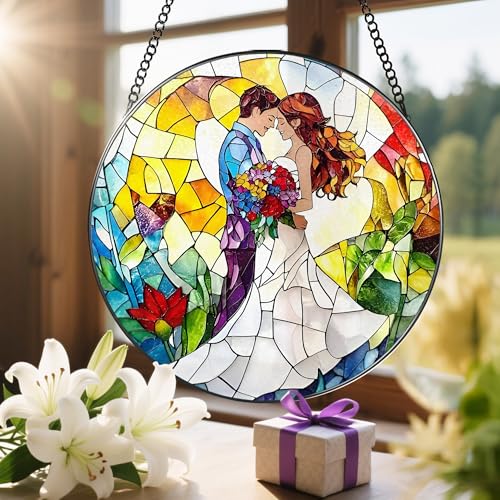 LAOWEIKI 8'' Romantic Couple Wedding Sun Catcher Ornament, Stained Glass Window Hanging, Suncatchers for Windows Hanging Ornaments, Window Decor | Ideal Gift, Wedding Gift, Gifts for Couple & Newlywed by LAOWEIKI - Used condition - Image 6