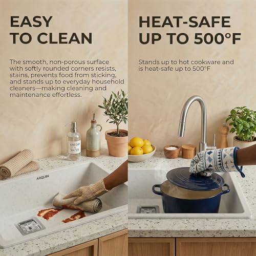 Image of ARQUIN Quartz Kitchen Sink 21x18x9 Inch Sand Pluto | Single Bowl Sink | Durable & Scratch-Resistant | Undermount /Topmount Including Coupling, Waste Pipe & Fruit Washing Basket