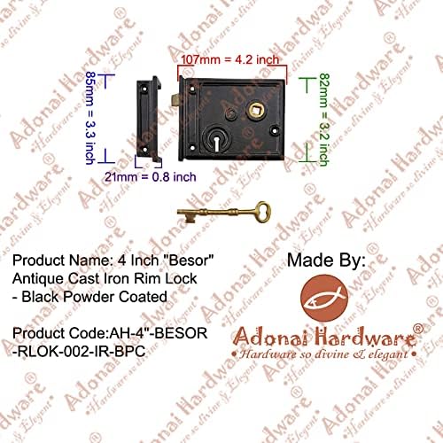 Adonai Hardware 4 Inch Besor Antique Cast Iron Rim Lock - Black Powder Coated