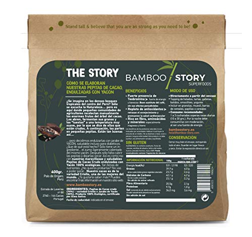 100% Peru | BAMBOO STORY | Nibs Cacao Crudos Endulzados con Jarabe YACÃN | Criollo | 400g | Puntas | Yacón=Boniato Peruano= muy saludable) - Imagen 4