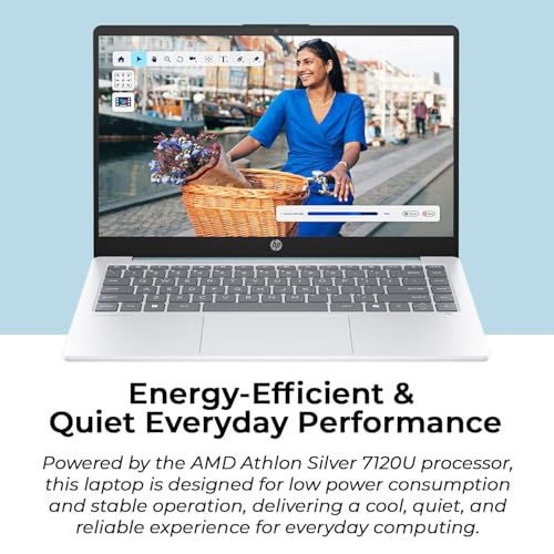 Image of HP 14 inch Moonlight Blue Laptop with Office 365, AMD CPU, 4GB DDR5 On-Board RAM, 1.1TB Storage (128GB SSD and 1TB OneDrive), HD Display, Windows 11, Energy-Efficient & Quiet Performance