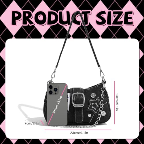 Image of PALAY Shoulder Bag for Women Girls Small Canvas Handbag with Chain Charm Hobo Bag Stylishly Sweet Y2K Star Patchwork Letter Printed Handbag Casual Small Shoulder Bag