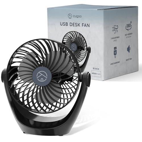 CUQOO Potente ventilador de escritorio USB – Mini ventilador giratorio de 360° con 3 ajustes de velocidad, potente, silencioso, ligero y compacto para escritorio, hogar, oficina y viajes, color negro