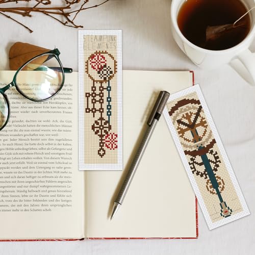 Image of INFUNLY 6Pcs Machine Element Cross Stitch Bookmark Kits for Adults DIY Vintage Gears Embroidery Bookmark Kits with Instruction Industrial Corners Counted Cross Stitch Kit for Book Lovers Readers Gifts