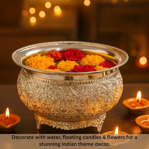 Image of Decorative Brass Chitai 7 inches German Silver Urli Center Table Flower Bowl | Urali for Mandap, Haldi, Mehendi, Wedding, Reception Decor | Small Size | 1000ml