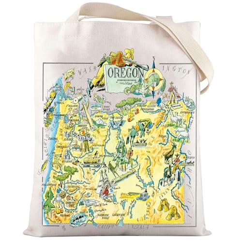 LEVLO Fun State Map Of Oregon Canvas Tote Bag Oregon Travel Souvenir Gift 1940’s Oregon Cartoon Illustration Shoulder Bag (OREGON Tote) by LEVLO - Used condition - US$12.80