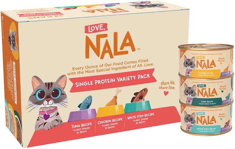 Ração úmida para gatos LOVE, NALA com proteína única, frango, atum e peixe branco, com caldo de hidratação, sem grãos, 79 g, pacote com 12 latas