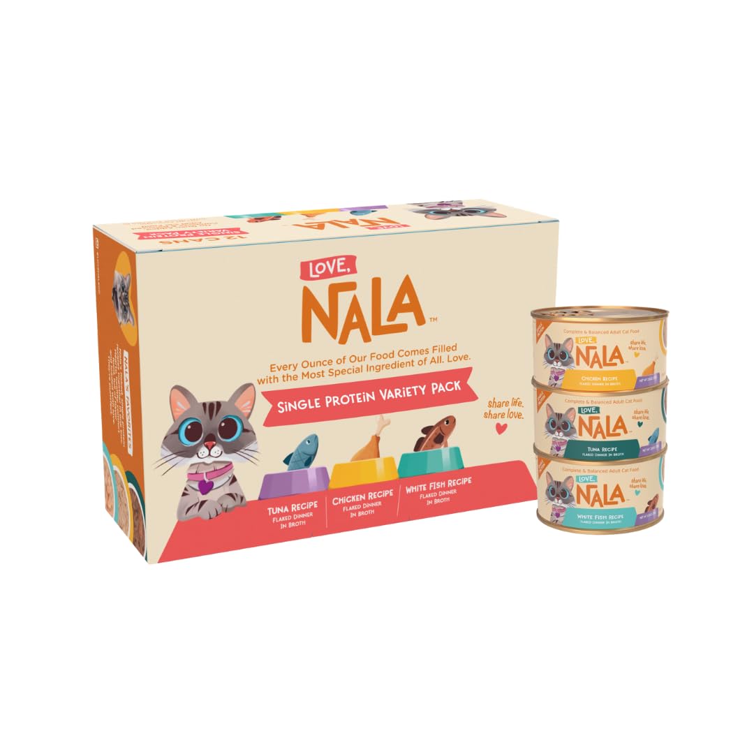 LOVE, NALA - Single Protein Flaked Wet Cat Food Variety Pack - Chicken, Tuna & White Fish - Natural, Hydration Broth, Grain-Free, Human-Grade Protein,