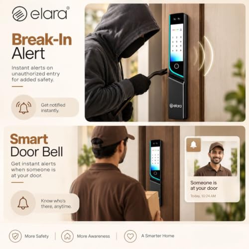 Image of Elara Wave X Pro Smart Door Lock with Dual Display Screens | Face Unlock & Palm Recognition | Advanced 9-in-1 Unlocking Methods | Fingerprint, PIN, RFID Card, Mobile App | 2-Year Warranty