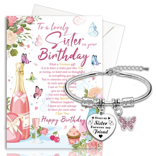 Image of HOWAF Sister Birthday Gift Cards with Bracelets, Sister Birthday Cards Heart Bracelet for Sister from Sister, Sister Birthday Greeting Cards Sister Happy Birthday Cards Sister Bracelets Engraved