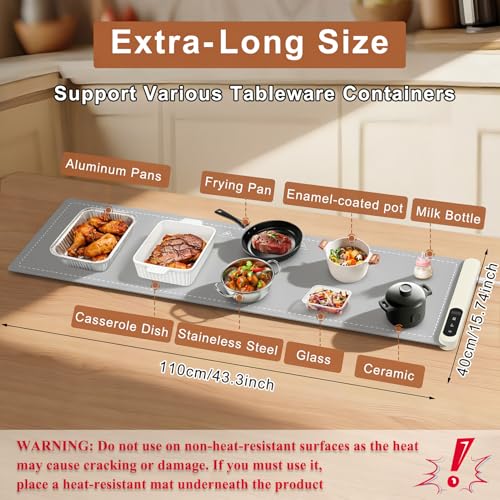 Image of FYY Extra Long Warming Mat for Food - Rapid and Full Surface Heating, 6 Temp Settings, 6H Timer, Rollable Portable Food Warming Mat for Gatherings, Parties, Keep Meal Warm (XXX Large Size, Gray)