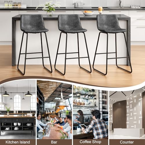 Image of REONEY Bar Stools Set of 3, 26 inch Urban Faux Leather Counter Stools, Grey