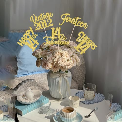 Image of 15 PCS 14th Birthday Centerpiece Sticks Fourteen Happy 14 Vintage 2012 Table Flower Centerpieces Sticks Cheers to 14 Fabulous Floral Decorations for 14th Birthday Party Supplies Gold