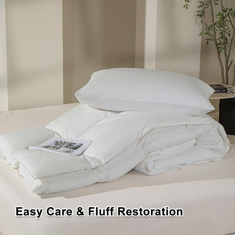 Goose Feather Down Fiber Comforter Queen Size, All Season Medium Warmth, White Waterproof Duvet Insert, Hotel Collection Hypoallergenic Bedding, 90"x90"