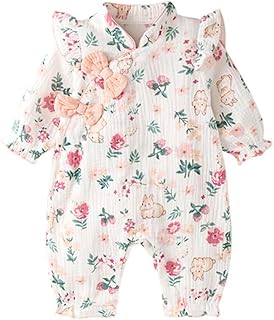 [Baby koi] ベビー服 長袖ロンパース女の子春秋新生児カバーオール子ども服かわいいおしゃれ贈り物 出産祝い蝶結びウサギ柄花柄ホワイト9M