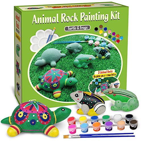 Bingo Castle Rocks for Painting, Arts and Crafts for Kids Rock Painting Kit Includes 1 Turtle and 2 Frog Rocks 12 Colors Acrylic Paint Brushes Palette Kids Craft Kits Ages 8-12