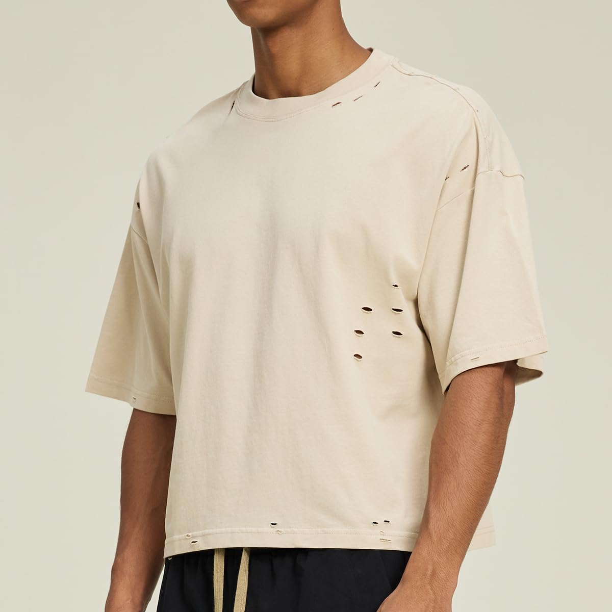 Men’s Heavyweight Boxy Oversized T Shirt, Drop Shoulder Distressed Streetwear Tee, 100% Cotton Short Fit Vintage Style - Image 2