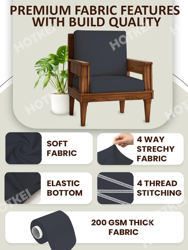 Image of HOTKEI Dark Grey (Pack of 6) 200 GSM Fabric Wooden Sofa Seat Cover Elastic Stretchable Cushion Seat Slip Cover Protector for Wooden Sofa Set 3 Seater Antislip Full Covers for Living Room