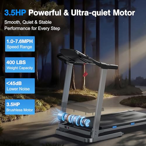 COZYINN Folding Treadmill with Incline, 3.5HP Quiet Treadmills for Home 400 lb Capacity, Running Machine with Pulse Sensor and Bluetooth Speaker, 7.6 MPH, App, Wide Belt, Space-Saving Design - Image 3