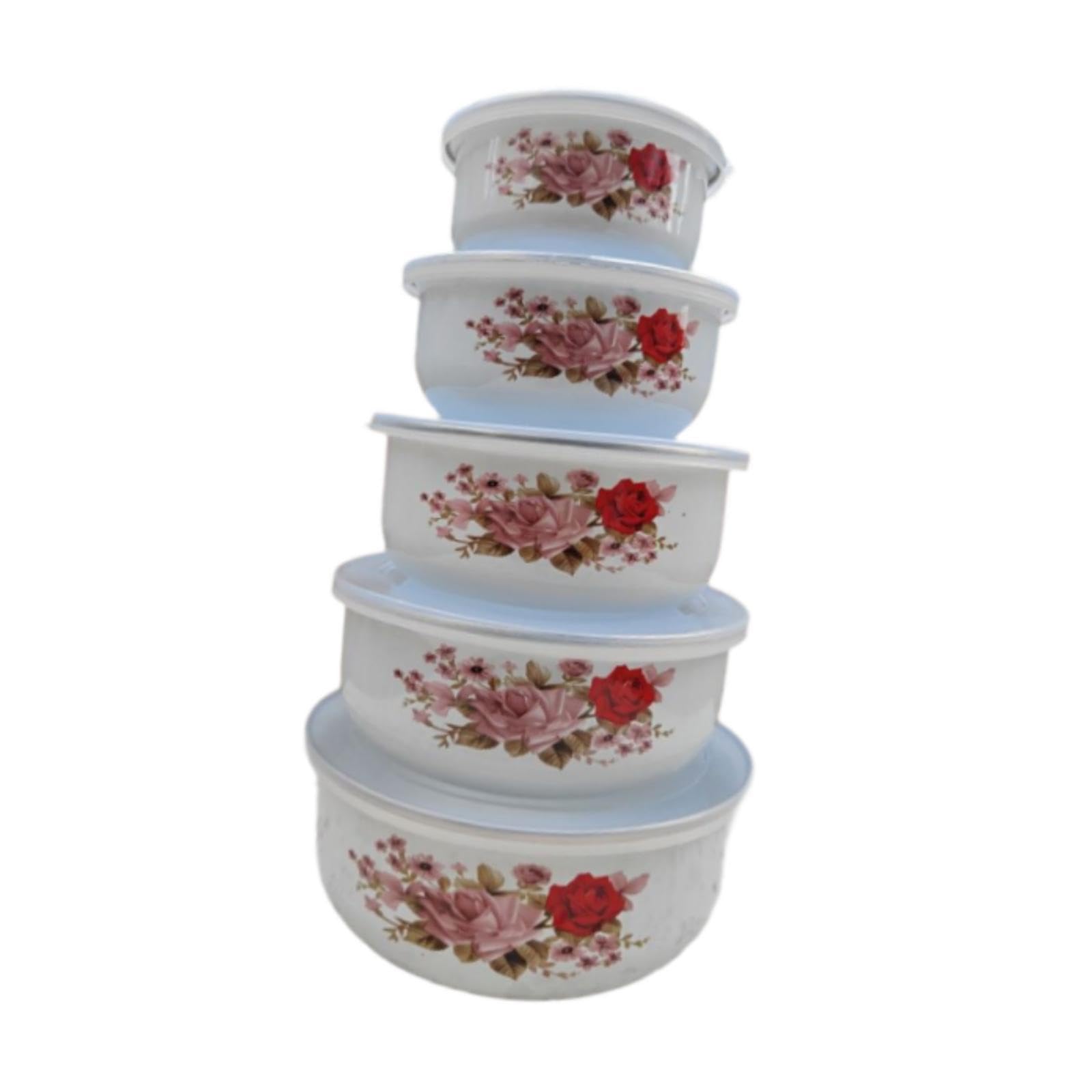 Set di 5 Ciotole Smaltate con Coperchio per La Preparazione E La Conservazione degli Alimenti, Style a