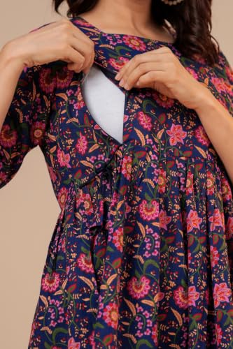 Image of THE Moon Star Women's Cotton Floral Printed Anarkali Maternity Feeding Kurti | Breastfeeding Dress for Mothers | Zipper Feeding Kurti, Nursing Kurti, Comfortable and Trendy Maternity Wear