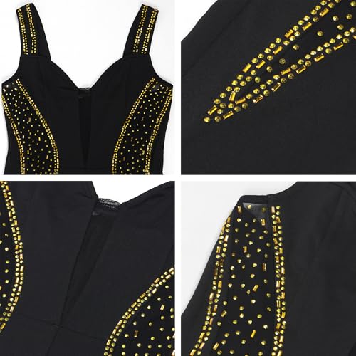Image of Jigfar Women Sexy Elegant Rhinestone Mesh See Through V Neck Bodycon Jumpsuit Party Club Night Outfits Playsuits(FK3260,Gold,M)
