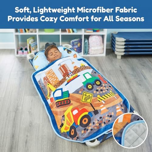 Image of EVERYDAY KIDS Cute Preschooler and Toddler Cot Nap Mat for Home, Daycare, Preschool and Kindergarten; Easy to Roll Sleeping Mat with Elastic Straps, Pillow and Blanket