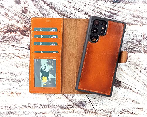 Bomonti Vintage Leather Galaxy S23 Ultra 6.8" Wallet Case Genuine Leather, Magnetic Detachable Luxury Flip Case, Rfid Protected, Compatible With Wireless Charge And Car Mount (Vintage Brown) #TOP3