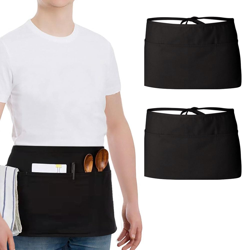 HOOTO2 Pack Waitress Apron with 3 Pockets Water resistant, Server Aprons with Long Straps, Waiter Short Half Waist Servers Apron 30cm Black