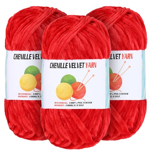 Image of 3 * 100g Velvet Chenille Chunky Yarn for Crocheting, Handcrafts Weaving Soft Chenille Yarn for Crocheting Clearance, Used for Making Baby Yarns Blanket, Clothes, Knitting Creations (Red)