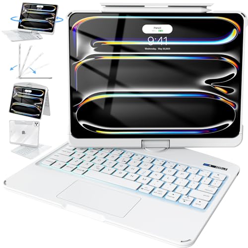 Image of Intermerge for iPad Pro 11-inch (M5,2025 / M4,2024) Keyboard Case, Transparent Back Shell, 360 Rotating Multi-Touch Trackpad, 7-Color Backlit Keyboard, Type-C Charging, White