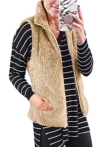 Womens Casual Sherpa Fleece Jacket Lightweight Cozy Vest Zip up Cardigan Waistcoat Outwear with Pockets Khaki S
