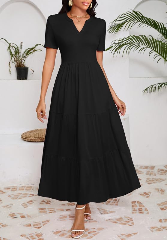 Image of MarryUP Women 2025 Casual Loose Maxi Dress with Pockets V Neck Short Sleeve Tiered Long Summer Beach Swing Dresses