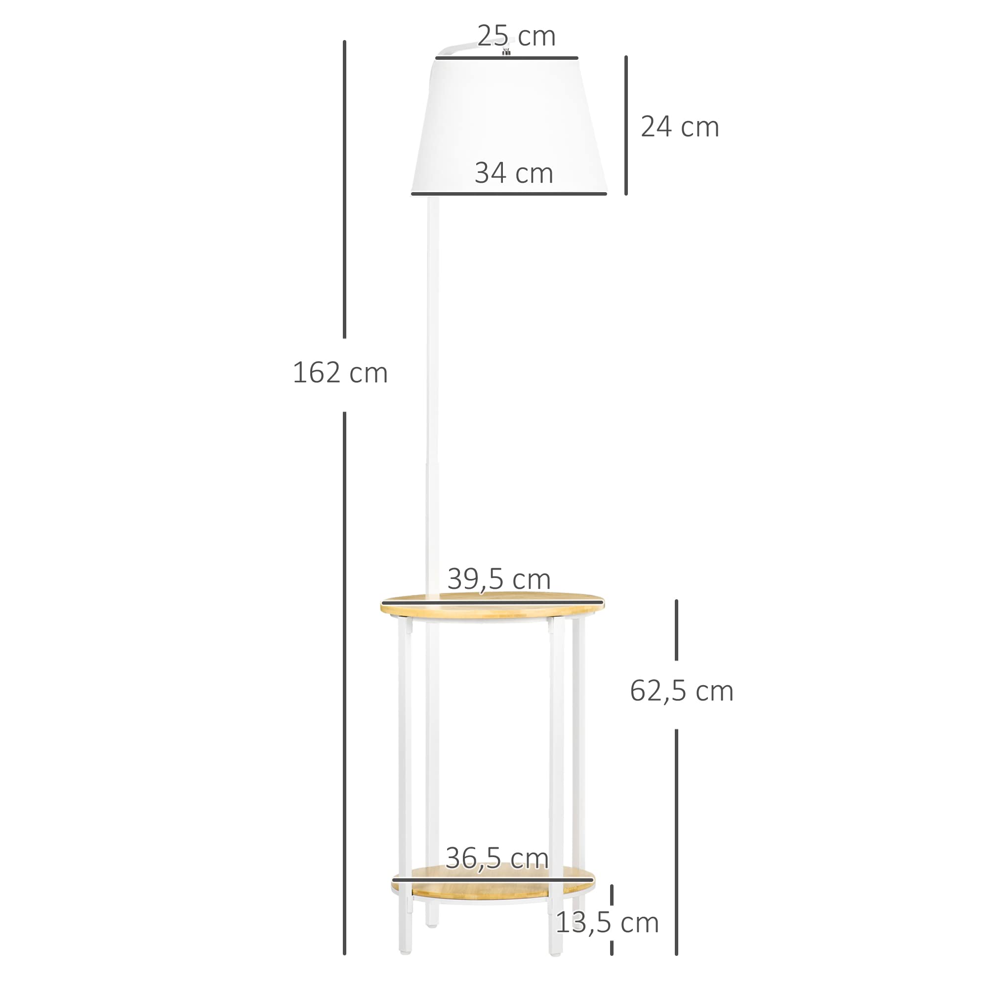 HOMCOM Lámpara de Pie Moderna con Mesas Lámpara con Estantes Casquillo E27 Máx. 40W con Pantalla de Lino e Interruptor de Pie para Salón Dormitorio 43x39,5x162 cm Blanco
