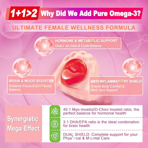 Image of Myo-Inositol & D-Chiro Ideal 40:1, Inositol + Omega-3(3:1) Gummies, Hormone Balance for Women | Sugar Free Inositol Gummies w /Omega 3 DHA:EPA (3:1), Inositol Supplement for Cycle Health, Vegan, 60 Ct