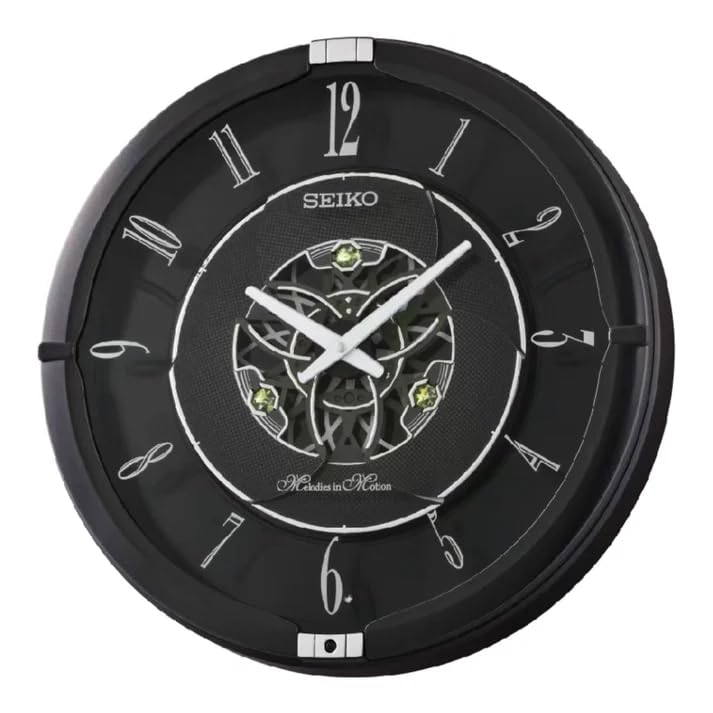 Seiko Wall Clock | Black Plastic Frame, Melodies in Motion, Hi-Fi Musical Chime, Hourly Melody Playback, Auto Night Silence Sensor (Size: 38 D × 38 H × 9.7 W CM | Weight: ~2.2 kg) | Model: QXM621K