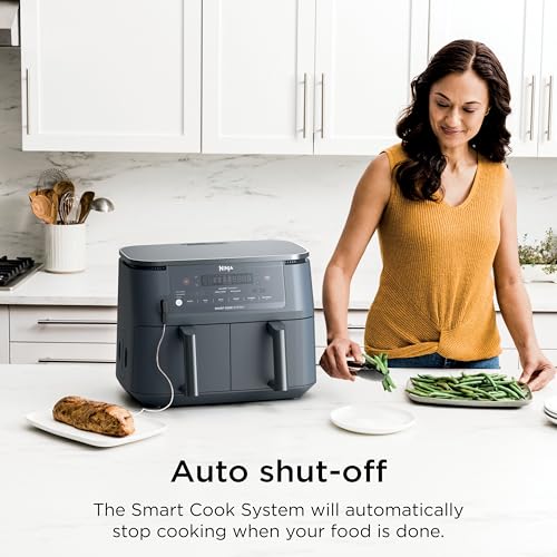 Image of Ninja 6-in-1 10 QT Air Fryer, Foodi Smart Thermometer, Roast, Bake, Air Fry, Crisps, Broil, Reheats, Keep Warm, Fries, Frozen Food, Veggies, & Meat, Light Grey, DZ550​GY (Renewed)