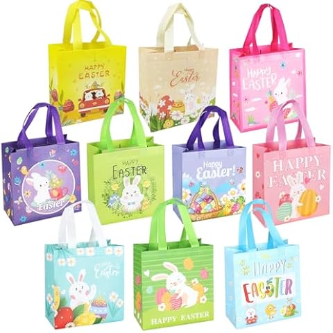 Xloey 10Pcs Easter Gift Bag with Handles, Bunny Carrot Chick Egg Hunt Gift Bags,Multifunctional Non-Woven Easter Party Supplies,Happy Easter Egg Hunt Game for Kids Cover