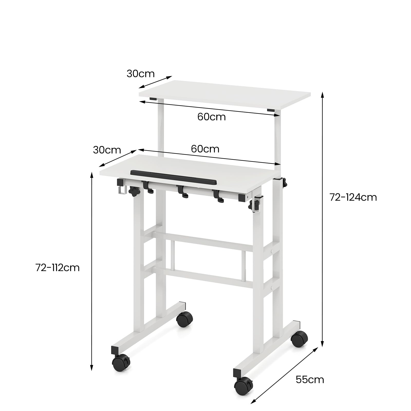 LIFEZEAL Escritorio de pie con Ruedas, Mesa móvil de Ordenador de Altura Ajustable, Estación de Trabajo de Pie con Bandeja para Oficina, Dormitorio y salón, 60 x 55 x (72-124) CM (Blanco)