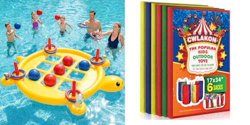 2 in 1 Pool Toys Games Set Inflatable Tic Tac Toe with Cup Holder, Ring Toss, 6 Pack Potato Sack Race Bags for Kids Adults Family Outdoor Field Day Yard Backyard Camping Picnic Easter Party Games