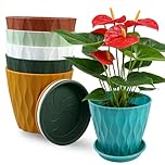 TEYIAN 6 Pack Plastic Plant Pots 15cm/6-in Flower Pots with Drainage Holes and Tray Modern Decorative Planter Pot Indoor Outdoor Planters for All House Plants(6 Colour)