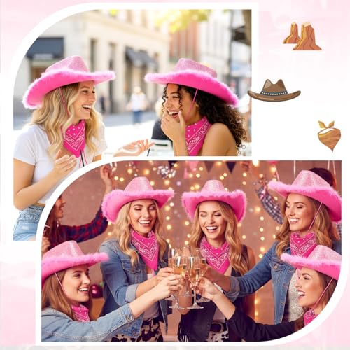 Image of Coume 12 Pcs Sparkly Adults Cowboy Hat and Bandanas Women Men Western Glitter Cowgirl Party Hats with Adjustable Drawstring