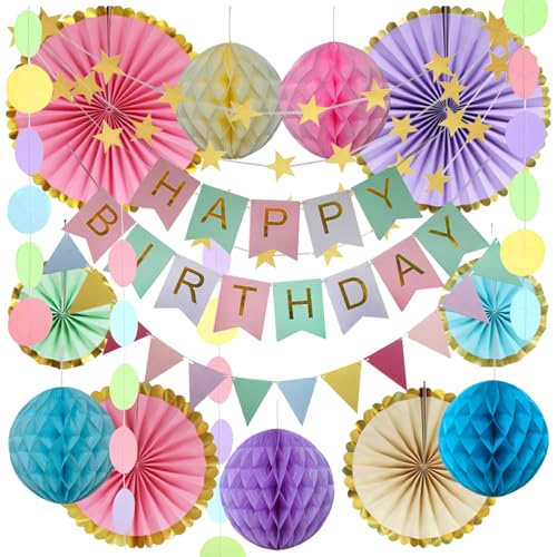 Sindiya: Decoración de cumpleaños reutilizable de, incluye guirnaldas, abanicos de papel, bolas de panal y cadenas de banderas triangulares