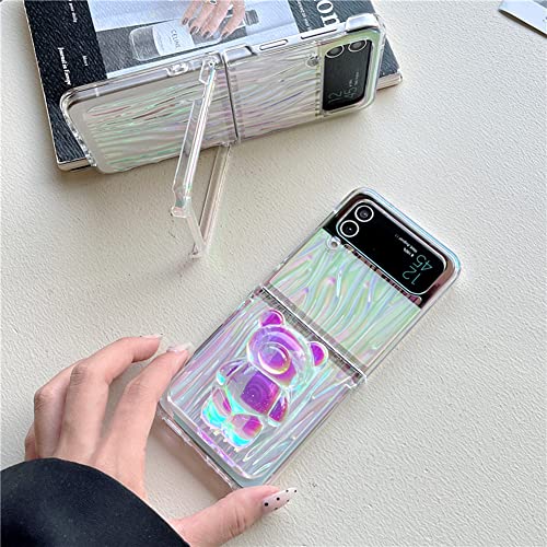 Cute Stand Case For Galaxy Z Flip 3 With Laser Water Ripple, Lovely Women Case For Samsung Galaxy Z Flip 3 With Kawaii Bear Kickstand, Creative Girls Case For Galaxy Z Flip 3 Curly Wave Pattern #TOP2