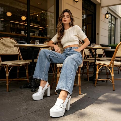 Image of Women's High Heel Loafers Platform Pumps Round Toe Heels Chunky Heel Pumps Stylish Comfortable 4.8 Inch Slingback Heels