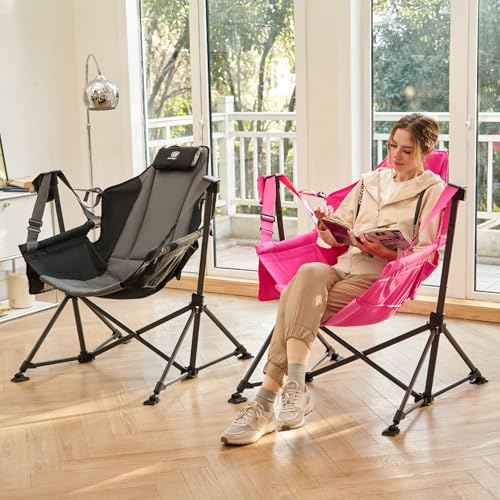 EVER ADVANCED Padded Oversized Hammock Camping Chair, Compact Heavy Duty Swing Chair with Multi-Storage Pockets, Portable Folding Rocking Camping Chair, Support Up to 400lbs, Pink - Image 3