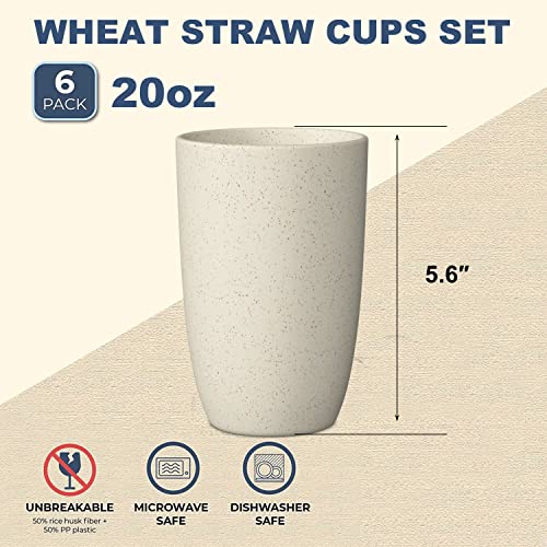 Wrova Wheat Straw Cups 6 PCS Good Alternative to Plastic Reusable Cups 20 oz Unbreakable Drinking Cup Reusable Dishwasher Safe Water Plastic Glasses Beige - Thumbnail 2