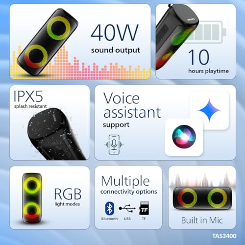 Image of Philips TAS3400BK Portable Bluetooth Speaker with 40W Output, 4000mAh Battery, Stereo Sound, Bluetooth v5.3, IPX5 Sweatproof, RGB Light Modes, Mesh Build, AUX /TF /USB Support w /Hanging Strap (Black)