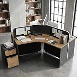 SAINTCY 3 Person Office Cubicle Desk Workstation with Drawers & Built-in Power Outlets, Adjustable Wall Partitions, Layouts for Startups and Modern Workspaces,Black Fabric Panels